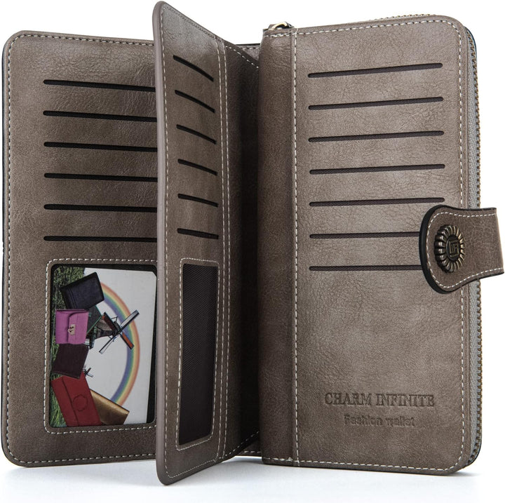 Women's organizer purse, leather wristlet with RFID blocking and ample space.