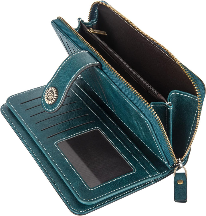 Modern women's large capacity wristlet, leather with RFID security features.