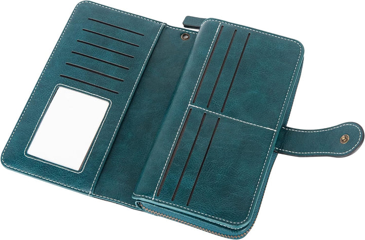 Durable women's travel wallet, PU leather RFID wristlet for convenience.