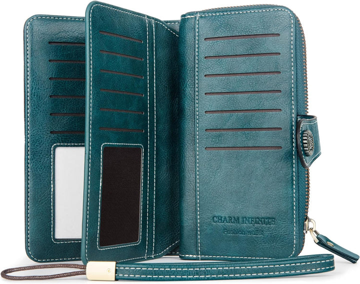 Functional women's clutch, leather large capacity wristlet with RFID protection.