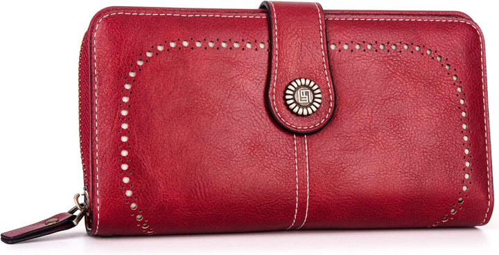 Spacious women's leather wallet, a travel-friendly wristlet with RFID safe tech.