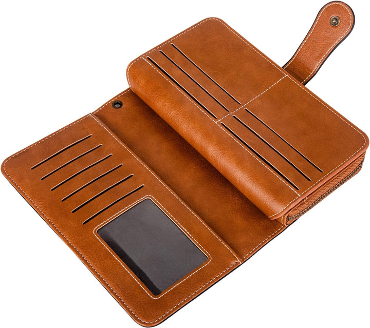 Travel-ready women's PU leather wristlet, RFID blocking & spacious design.