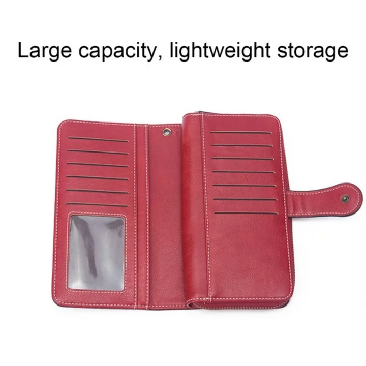 Fashion-forward women's large capacity wristlet, PU leather, RFID protection.