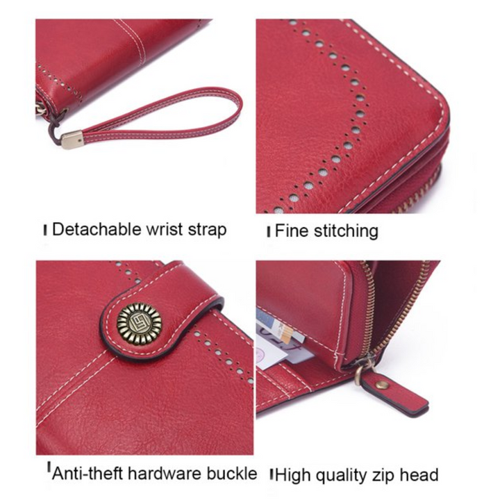 Practical women's leather travel wallet, RFID blocking wristlet for peace of mind.