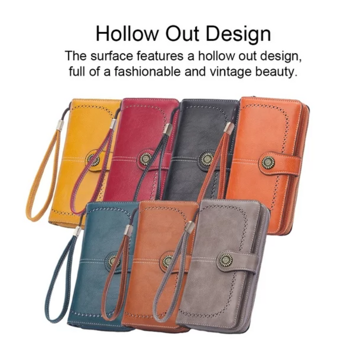 Sleek women's RFID protected wristlet, large capacity leather organizer.
