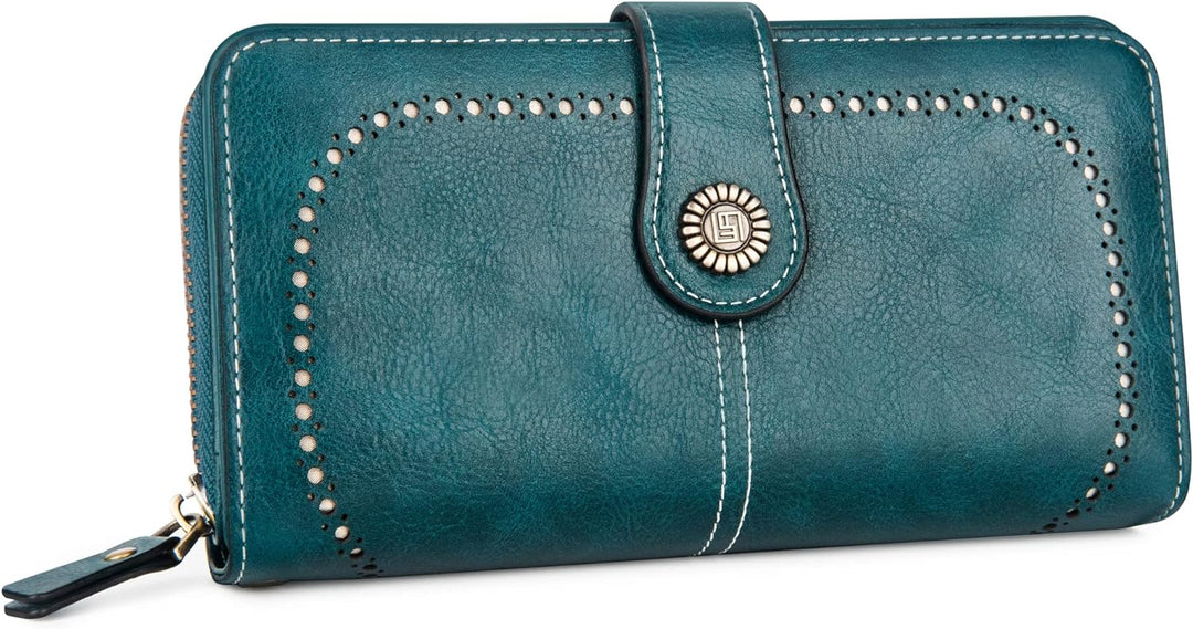Organizer wrist wallet for women, leather with RFID blocking & ample card slots.