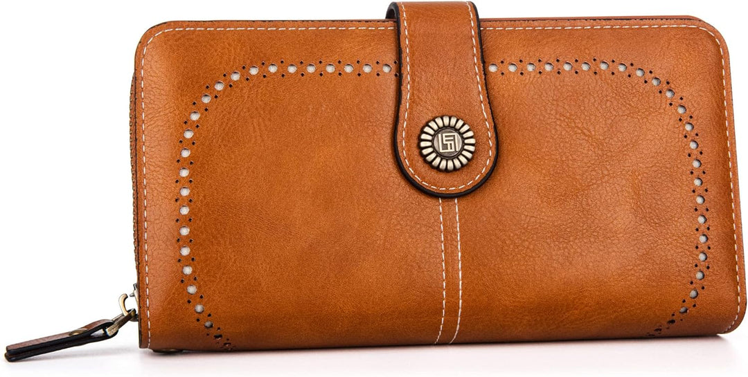 Elegant women's PU leather purse, a large capacity wristlet & RFID security.