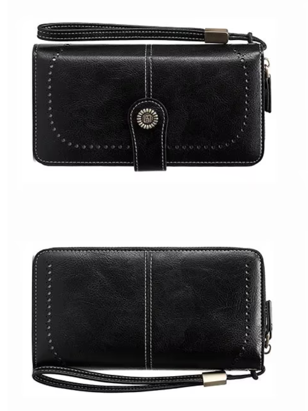Women's travel wallet, a secure leather wristlet with RFID & big storage.