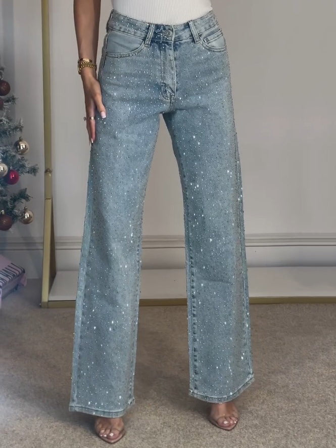 Glamorous women's high waist straight jeans, light blue denim with sparkling diamanté embellishments for a stylish look.