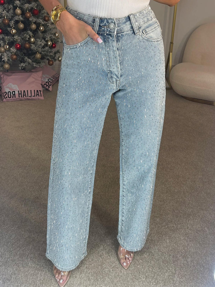 Light blue denim women's high waist straight jeans with eye-catching diamanté detailing, perfect for casual or dressy wear.