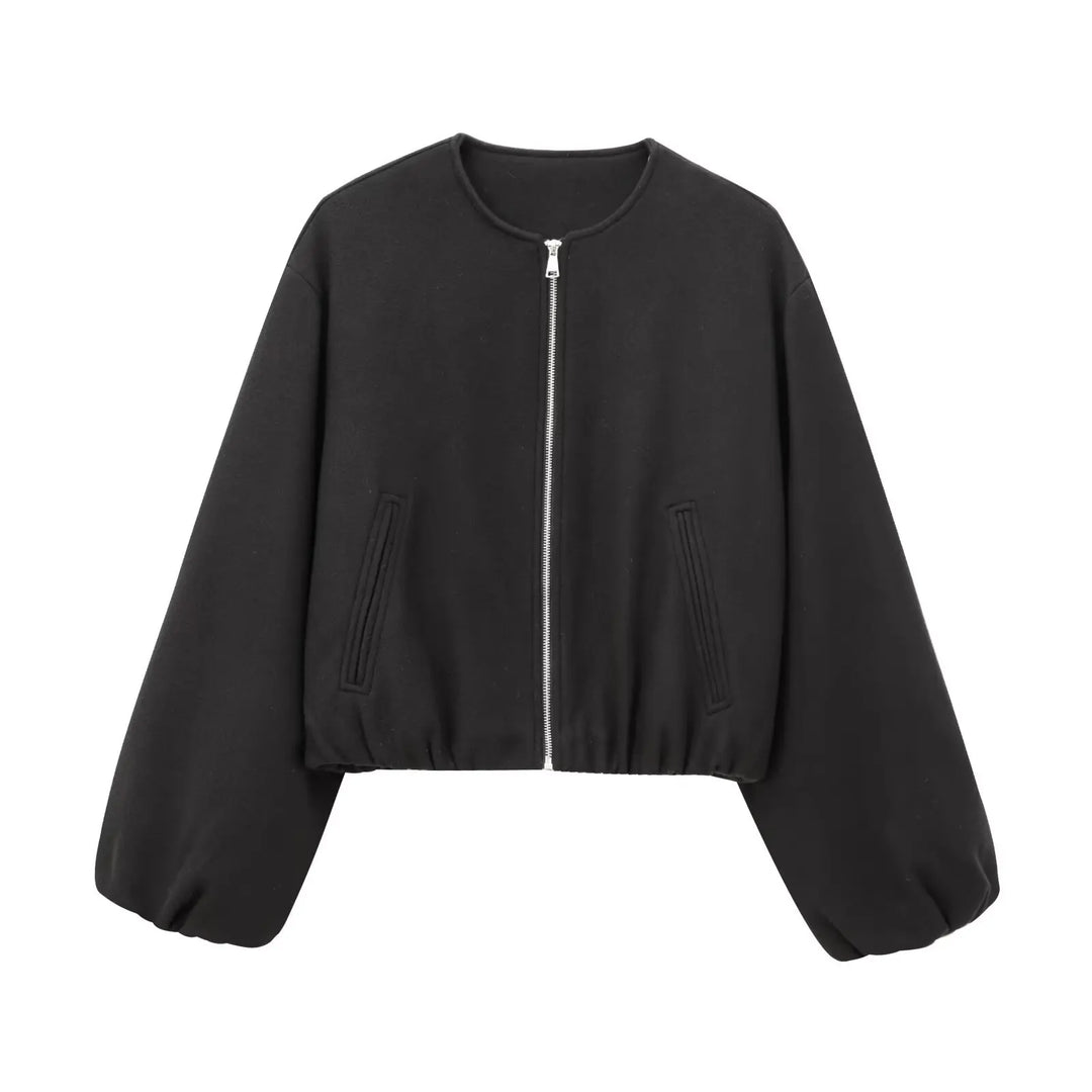 Cropped women's bomber jacket with unique balloon sleeves, a lightweight and stylish outerwear piece.