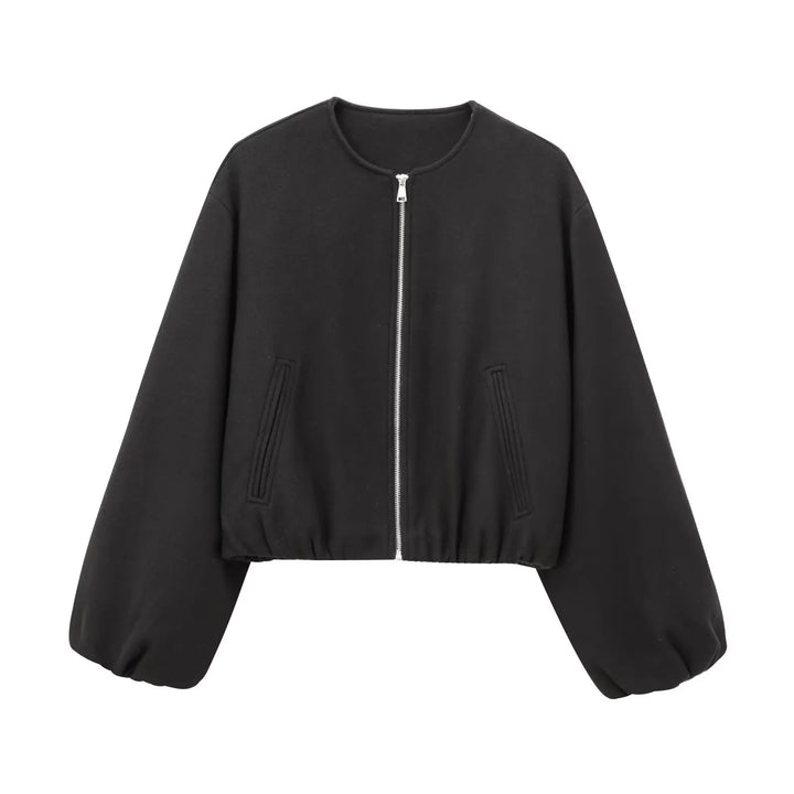 Cropped women's bomber jacket with unique balloon sleeves, a lightweight and stylish outerwear piece.