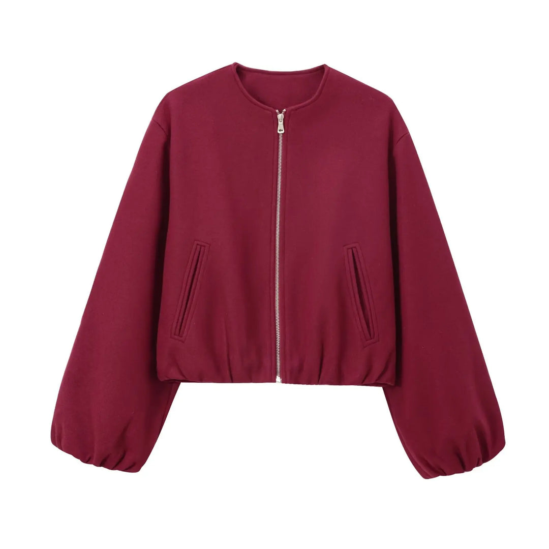 Chic women's lightweight bomber jacket, cropped with balloon sleeves, perfect for spring casual wear.