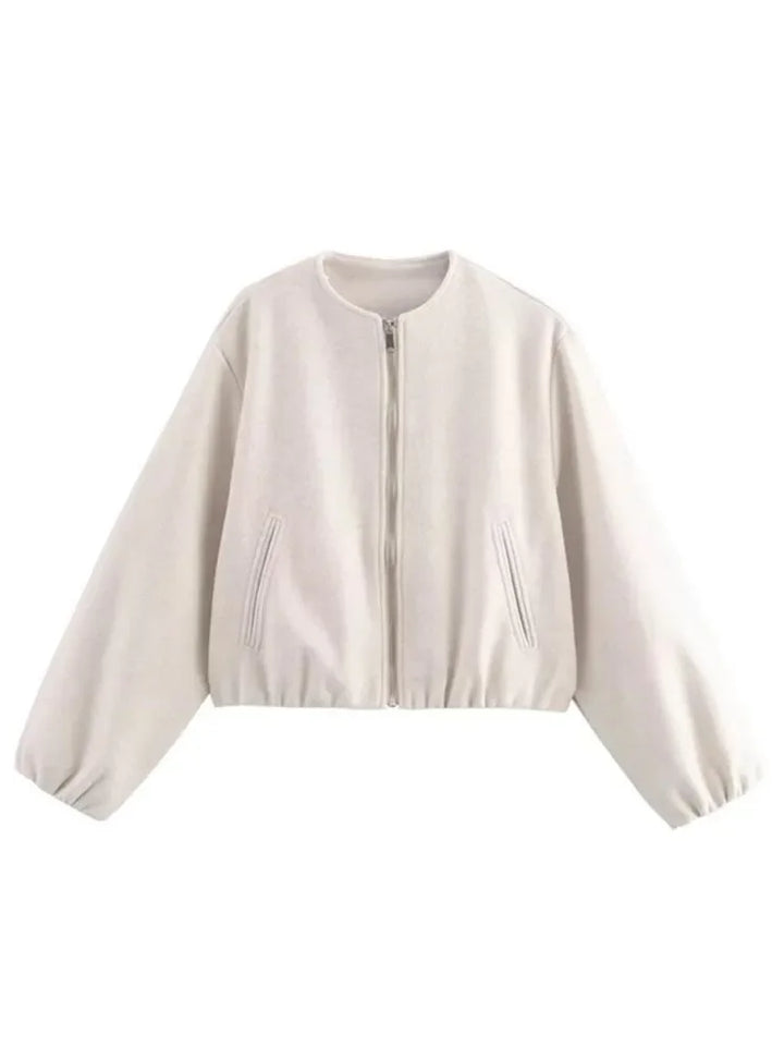 Trendy women's bomber jacket, lightweight and cropped, great for autumn fashion and versatile outerwear.
