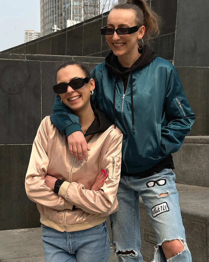 Women's bomber jacket, comfortable and stylish outerwear for fall fashion looks.