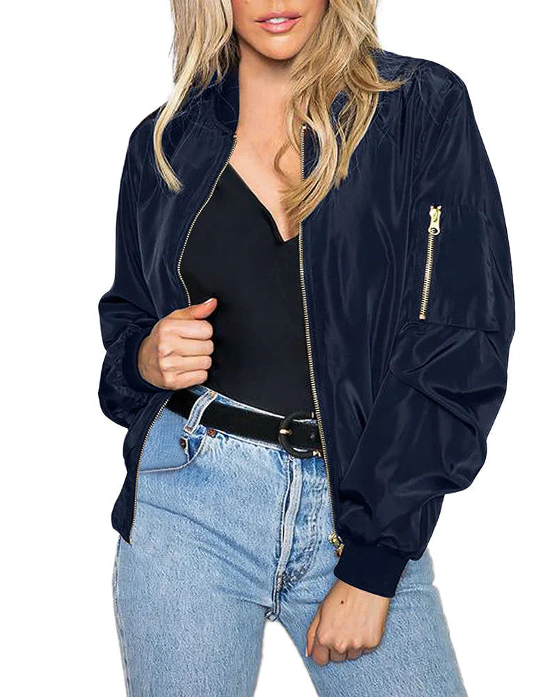Stylish women's zipper jacket, comfortable lightweight bomber for versatile fashion.