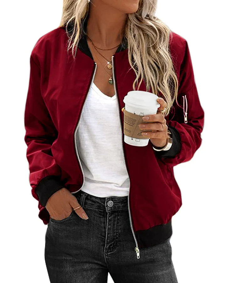 Women's fashion bomber jacket, comfortable and versatile for fall casual wear.