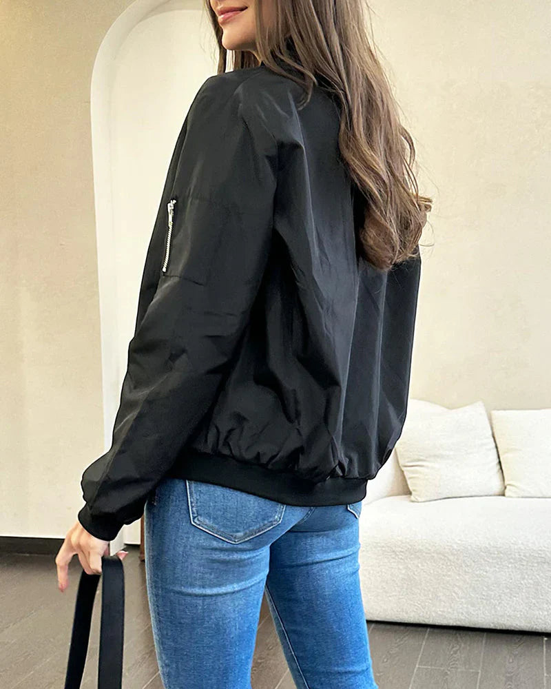 Women's zipper bomber jacket, ideal for stylish outerwear & comfortable everyday wear.