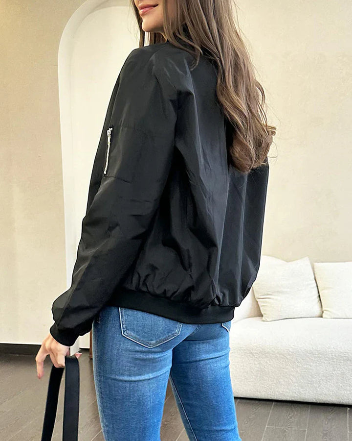 Women's zipper bomber jacket, ideal for stylish outerwear & comfortable everyday wear.