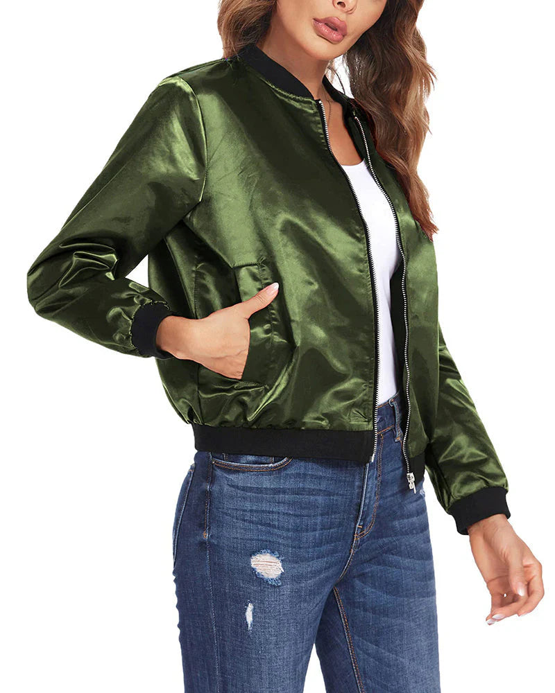 Women's comfortable bomber jacket, chic zipper design for modern everyday wear.
