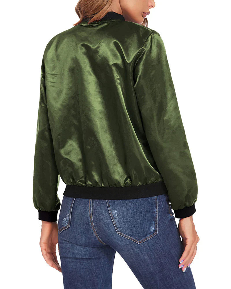 Lightweight women's outerwear, stylish bomber jacket for spring & fall fashion.