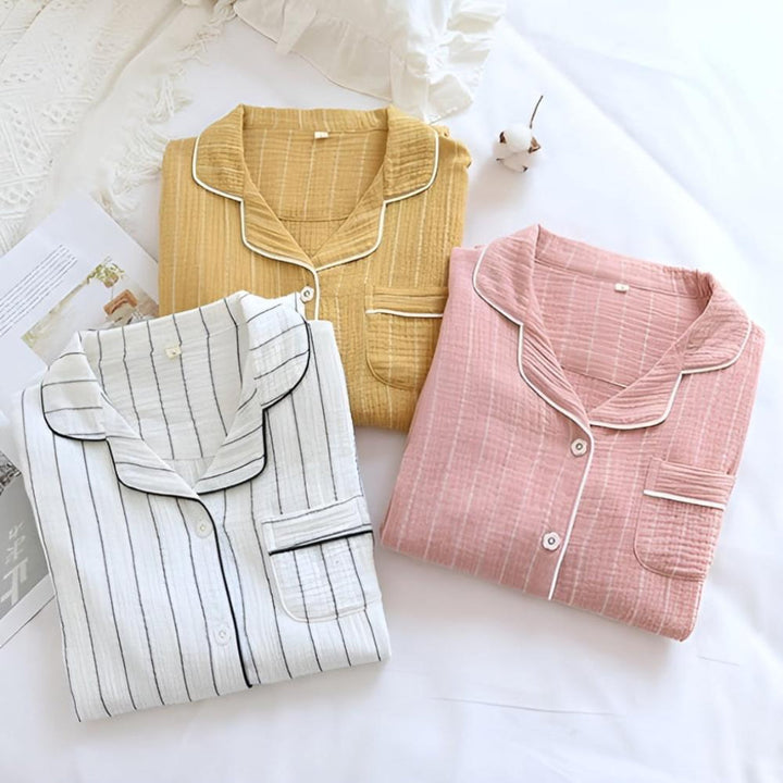 Women's lightweight cotton gauze striped nightgown, relaxed fit, long sleeve for breathable summer sleepwear.
