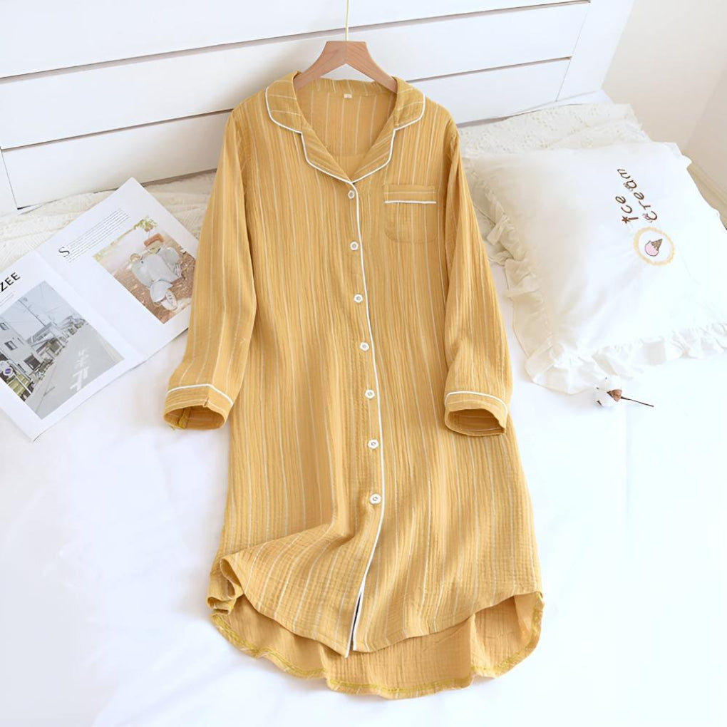 Striped cotton gauze women's nightgown, knee-length, long-sleeve, ideal loungewear & sleepwear for summer.