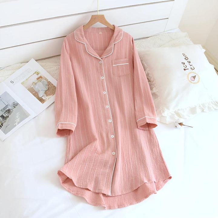Breathable striped cotton gauze nightgown for women. Relaxed fit, long sleeve, knee length summer sleepwear.