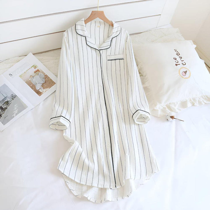 Women's striped cotton gauze long sleeve nightgown. Lightweight, breathable, knee-length loungewear & sleepwear.