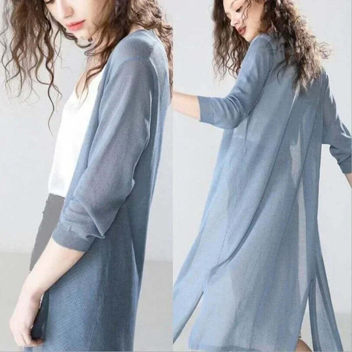 Lightweight women's long sleeve cardigan, soft knit, ideal layering piece for comfort.