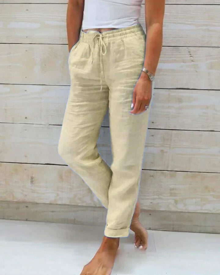 Comfortable Hannah lightweight linen trousers for women, ideal for summer, resort wear & versatile casual outfits.