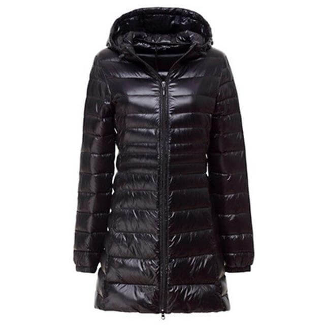Women's lightweight long down jacket for winter. Warm, stylish outerwear, perfect for cold weather.