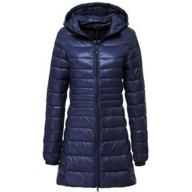 Stylish women's long down coat. Cozy, warm, and lightweight winter jacket, ideal for cold weather outfits.
