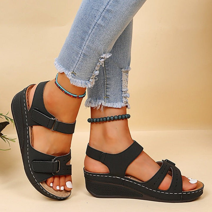 Close-up of the adjustable strap on women's orthopedic comfort sandals