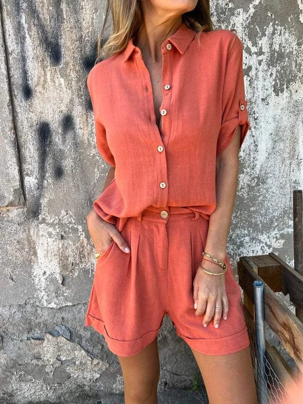Stylish women's two-piece set featuring a lightweight top and shorts. Great for casual summer fashion.