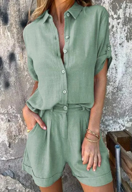 Relaxed fit women's top and shorts set, perfect for loungewear or a comfortable summer outfit.