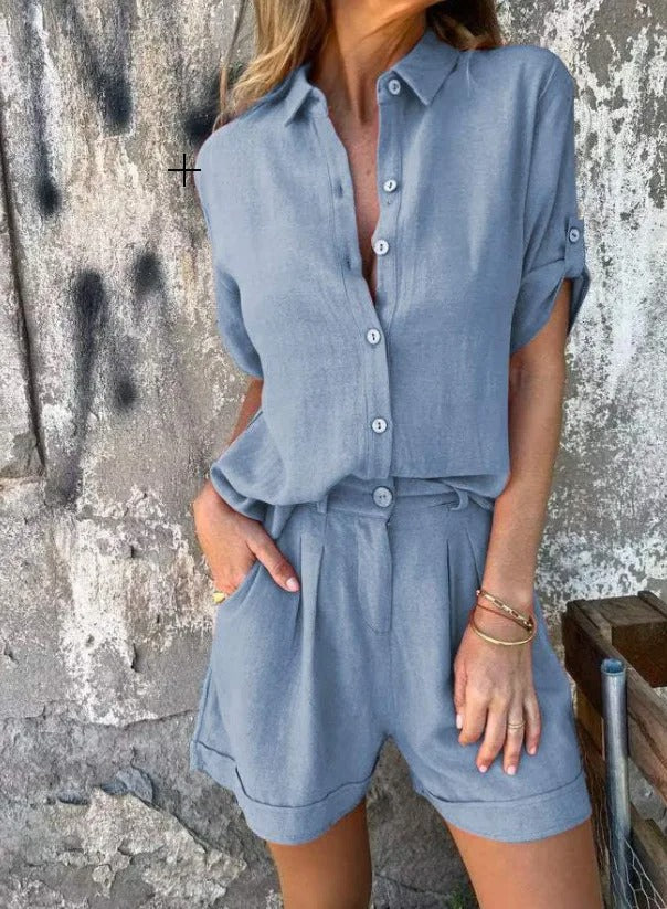 Lightweight women's shorts and matching top set. Casual and comfortable for everyday summer wear.