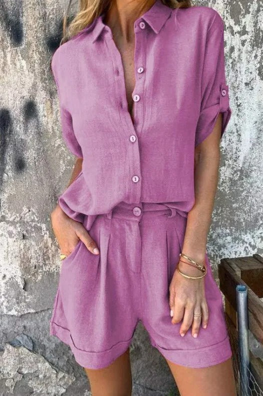 Modern women's two-piece casual set with lightweight shorts and a matching comfortable top.