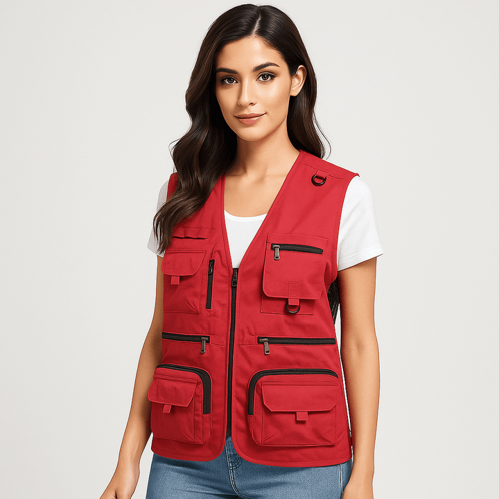 Breathable women's hiking vest, lightweight with many pockets for summer adventures.