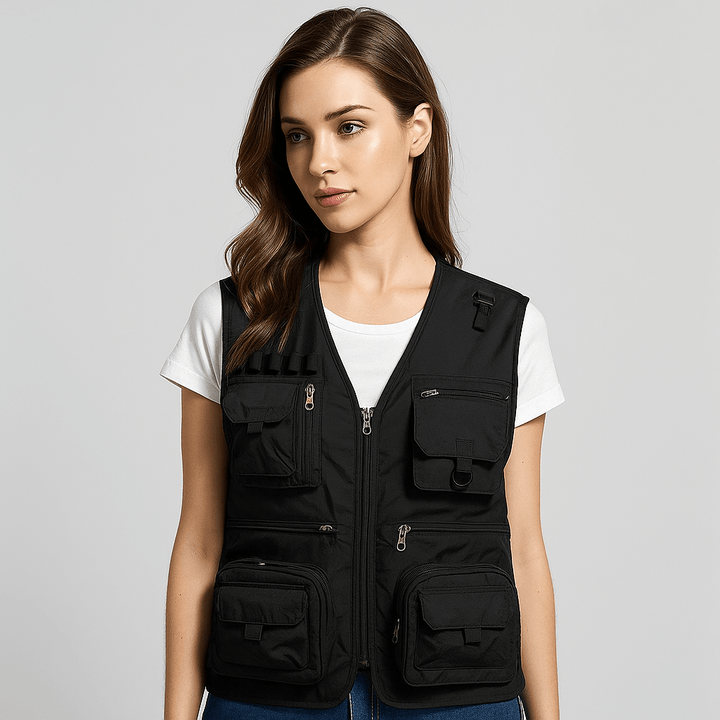 Women's fishing vest, lightweight & breathable, multi-pocket utility for outdoor summer trips.
