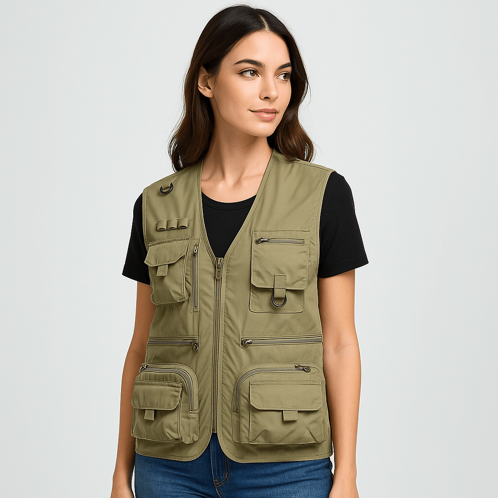 Stylish women's travel vest, lightweight & multi-pocket for summer adventures and utility.