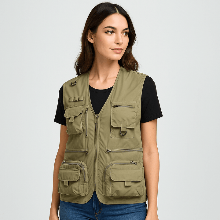 Stylish women's travel vest, lightweight & multi-pocket for summer adventures and utility.
