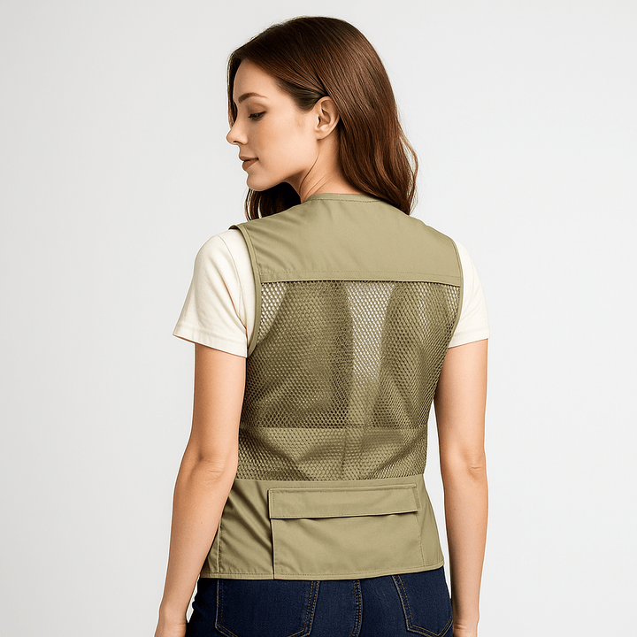 Women's lightweight utility vest, breathable design with numerous pockets for outdoor summer gear.