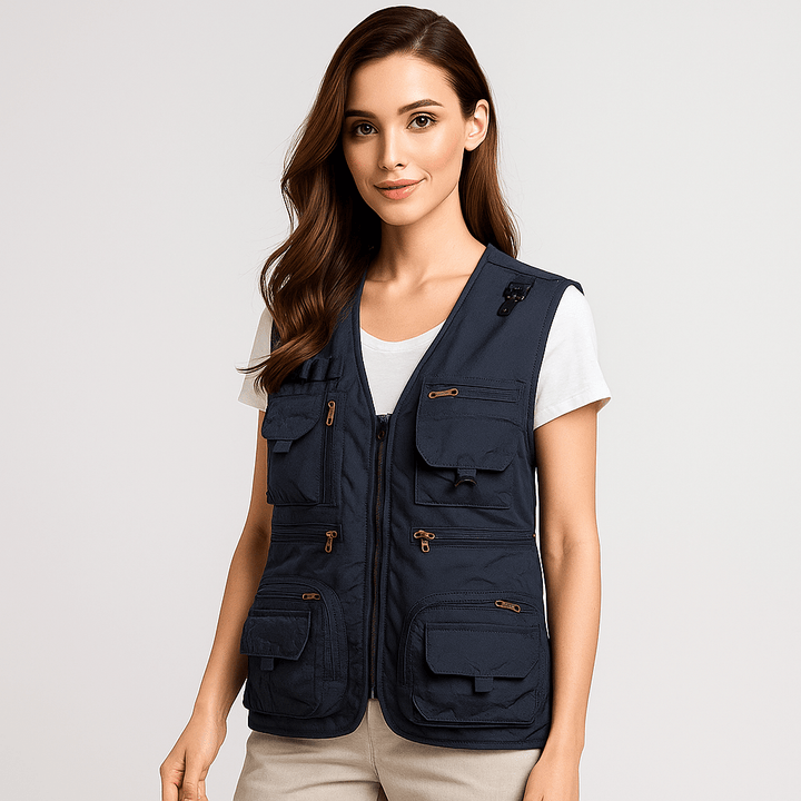 Women's versatile outdoor vest, lightweight, multi-pocket, perfect for summer hiking or fishing.