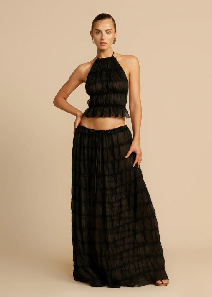 Relaxed fit women's two-piece set for summer. Lightweight halter top and a comfortable maxi skirt.