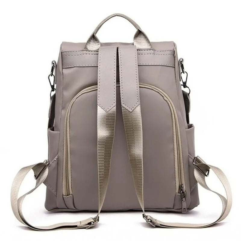 Close-up of a stylish lightweight water-resistant women's nylon backpack. Durable for everyday carry.