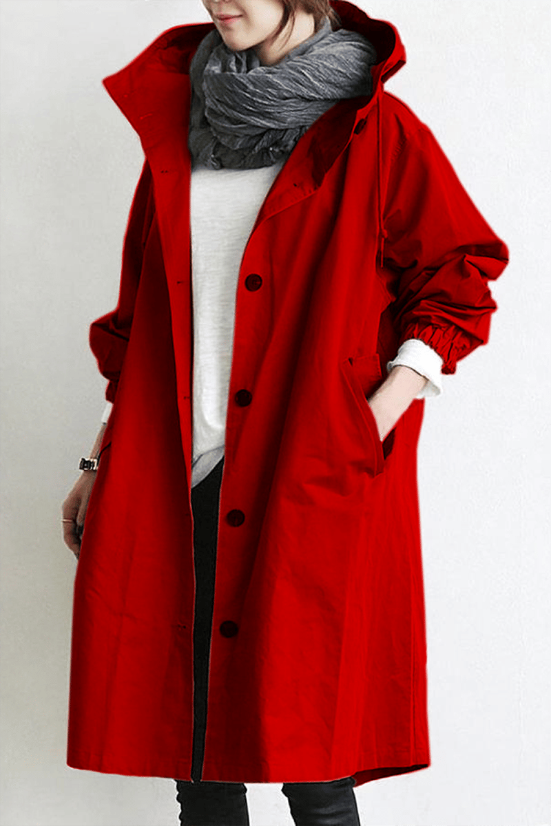 Fashionable women's long hooded rain coat, ideal lightweight outerwear for spring & autumn.
