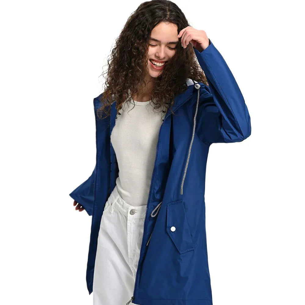 Front view of a women's lightweight waterproof trench coat with hood, essential rain protection jacket.