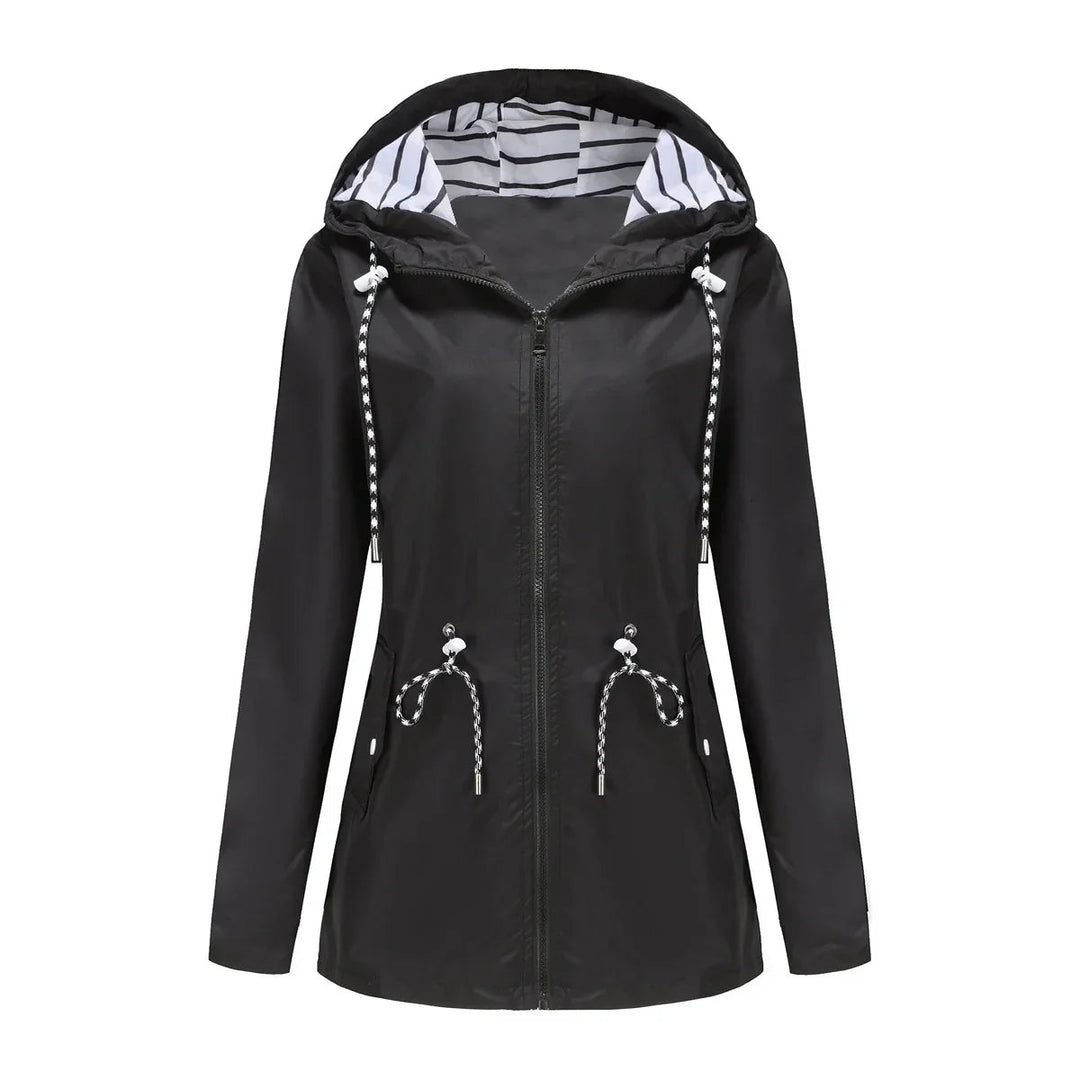 Elegant women's lightweight waterproof raincoat with hood, ideal for staying dry and stylish in rain.