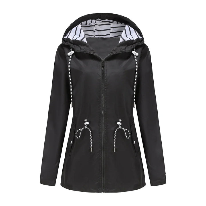 Elegant women's lightweight waterproof raincoat with hood, ideal for staying dry and stylish in rain.